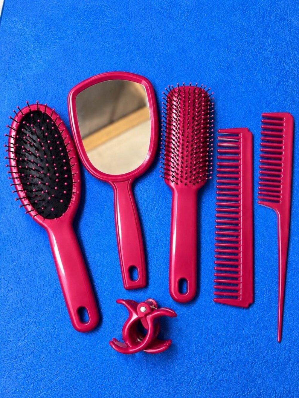 6-Piece Magenta Hair Styling Set Brushes Mirror Combs & Hair Clip - READ DESCRIP